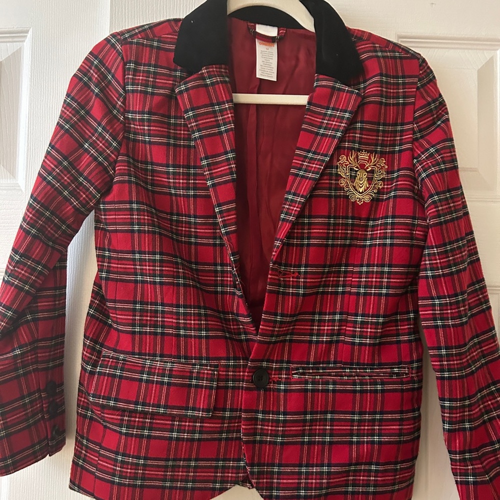 Gymboree boys Christmas jacket blazer Red Plaid Blazer Embroidered Crest size 12